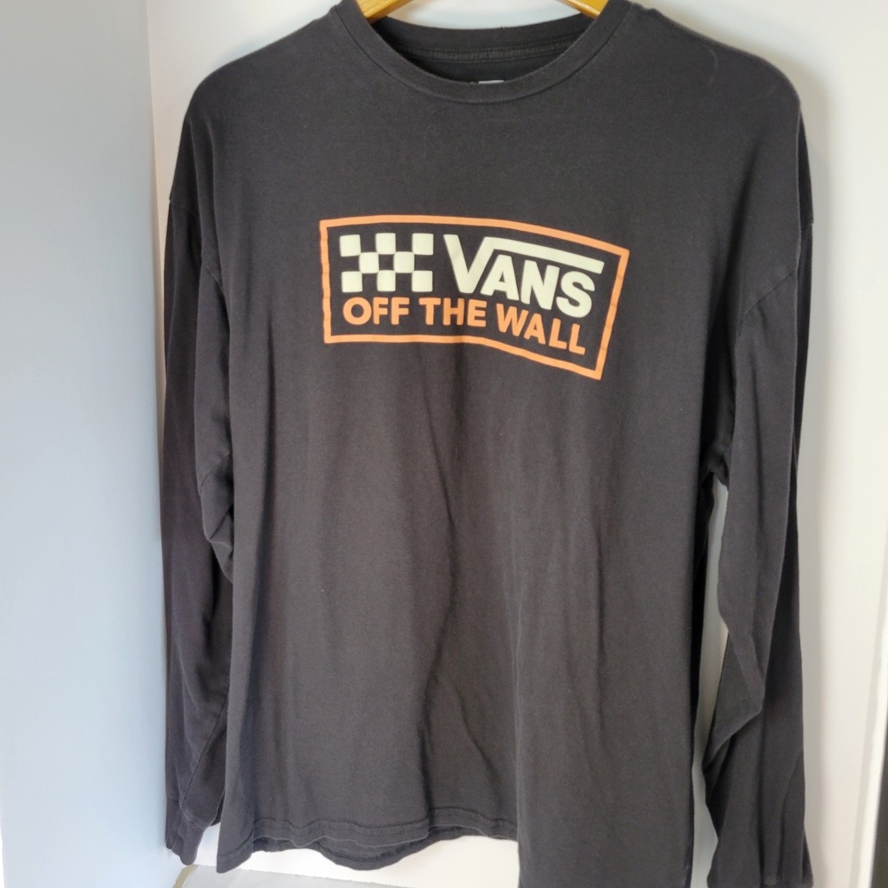Vans Off The Wall Long Sleeve Graphic T-Shirt Mens XL Charcoal Gray Orange Logo